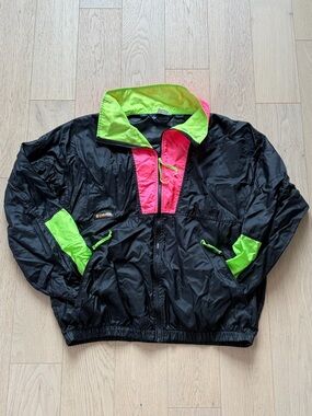 Vintage Black Windbreaker with Neon Pink & Lime Accents